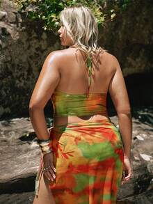 SHEIN BAE Plus Size Halter Neck Multicultural Tie Dye Ruched Tank Top Casual - Multicolor - View 2