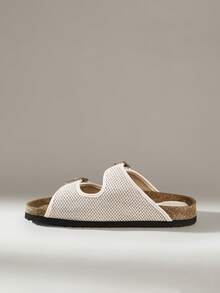 Solecia 女士编织亮面网布双扣设计闭趾休闲平底凉鞋，杏色 - 杏色 - 查看 6