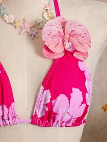 Bellisia 3件套女士印花挂脖三角比基尼套装，带3D立体花朵装饰 - 玫紅色 - 查看 7