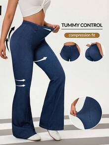 Flexra Quần jeans ống loe dáng ôm, màu trơn dành cho nữ, kiểu dáng thường ngày. - Rửa tối - Xem 1