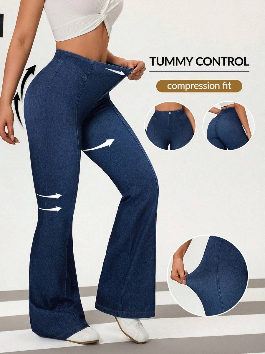 Flexra Quần jeans ống loe dáng ôm, màu trơn dành cho nữ, kiểu dáng thường ngày. - Rửa tối - Xem 1