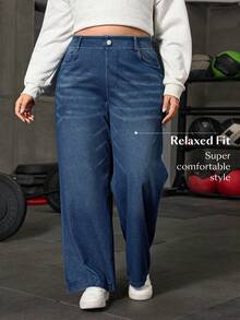 SHEIN FlexDen 大码针织休闲运动直筒牛仔裤 - 深色水洗藍 - 查看 4