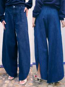 Nöista These Wide-Leg Dark-Wash Jeans Are A Chic Staple For Spring Break Outfits Outfits , Everyday Wear. Their Elegant Silhouette Offers A Polished Look Perfect For Work Or Casual Days. A Timeless Pair Of -Inspiredred Dark Denim Pants That Pair Effortlessly With Sweaters , Jackets For The Season. - Dark Wash - View 5