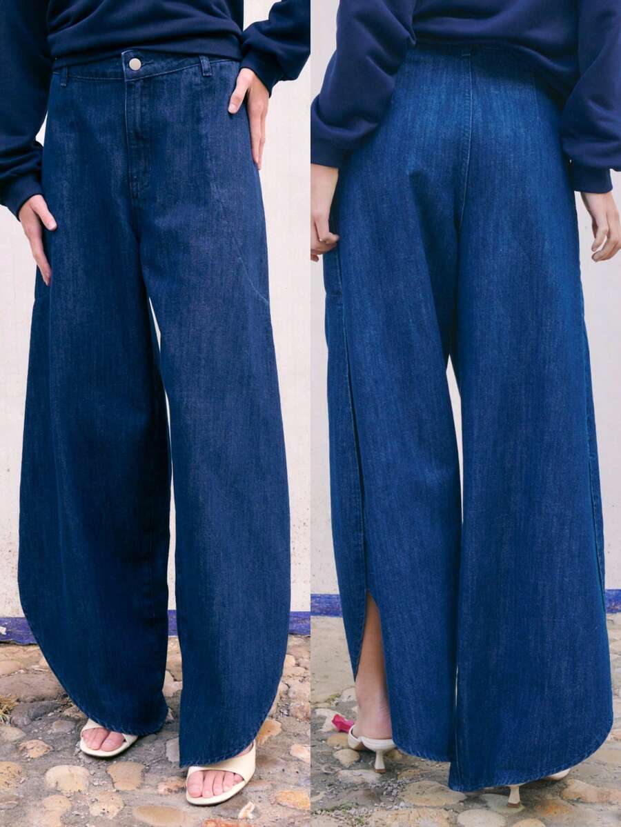 Nöista These Wide-Leg Dark-Wash Jeans Are A Chic Staple For Spring Break Outfits Outfits , Everyday Wear. Their Elegant Silhouette Offers A Polished Look Perfect For Work Or Casual Days. A Timeless Pair Of -Inspiredred Dark Denim Pants That Pair Effortlessly With Sweaters , Jackets For The Season. - Dark Wash - View 1