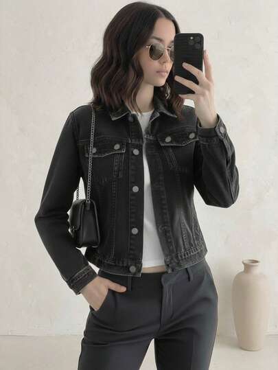 Chamarra chaqueta campera mezclilla denim dama mujer femenina vaquera holgada crop corta cómoda linda resistente bohemia bolsillos estilo casual manga larga botones metalicos colegio trabajo diario día noche moderna juvenil y2k aesthetic concierto musica festival EDC bahidora Vive Latino