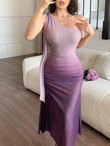 DAZY 女士优雅渐变不对称肩部系带褶皱鱼尾中长连衣裙，夏季婚礼宾客礼服 - 紫色 - 查看 3