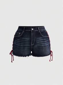ROMWE Plus Size Gothic Heart Embroidery Pocket Design Drawstring Mini Super Short Denim Shorts - Blue - View 4