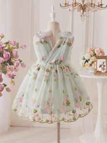 SHEIN 少女V领刺绣网纱休闲连衣裙 - 綠色 - 查看 2