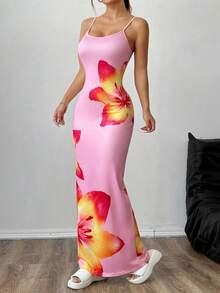 SHEIN EZwear 女士优雅印花连衣裙，适合夏季度假，女士夏季连衣裙 - 彩色 - 查看 3
