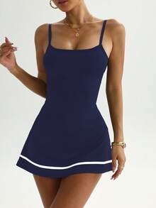 Easithlete Adjustable Strap Contrast Stripe Hem Tankini Set With Shorts, Sporty & Casual Dress For Spring/Summer - Navy Blue - View 6