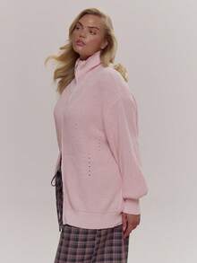 MUSERA Knit Zip Through High Neck Jumper Top Cute Cosy Spring Everyday Sugar Swizzle - Baby Pink - View 3