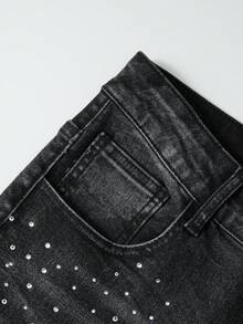 ROMWE MEN 男士休闲日常牛仔裤，带口袋、纽扣和水钻五角星贴片 - 黑色 - 查看 4