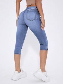 Rivivi Quần jeans ống đứng lửng màu trơn, túi xéo, xẻ tà, dáng ôm vừa vặn. - Màu xanh lam - Xem 2
