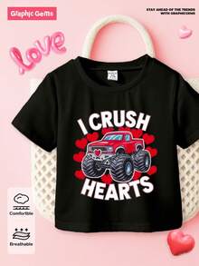 男婴舒适休闲卡车越野车图案爱心设计短袖上衣，适合婴幼儿、男童，春夏款，情人节礼物，适合休闲穿着、外出或日常穿着。 - 黑色 - 查看 6