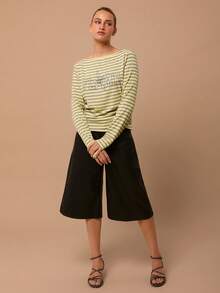 SURIMA Women's Casual Striped Letter & Star Rhinestone Embellished T-Shirt - Yellow - View 3