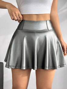 SHEIN EZwear 女士时尚街头风金属PU迷你裙，内置短裤，银色短裤，银色裙子，女士金属色服装，女士短裙，银色短裙 - 灰色 - 查看 3