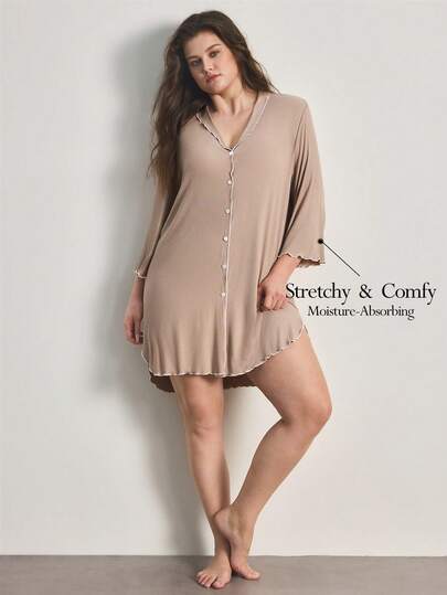 Ocili Plus Size Ribbad Bekväm Nattlinne Med Volangkrage och Knappar