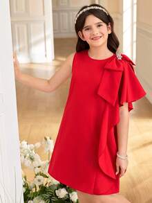 Vestido elegante sin mangas con volantes para niña preadolescente - Rojo - Ver 4