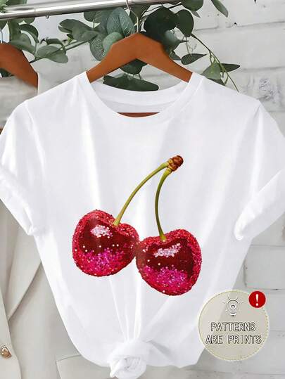 DrmWander Plus Size Women Cherry Print Round Neck Short Sleeve Casual T-Shirt