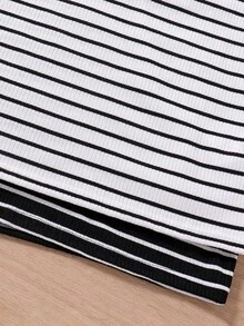 SHEIN Sparklyn Tween Girls' Casual Striped Camisole Dress, Multi-Piece Set - Black and White - View 5