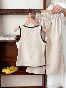 SHEIN 2 Pieces Knit Solid Sleeveless Top & A-Line Skirt Set For Young Girls, 2 Pcs/Set Tween Girl Casual Chic Commuting Round Neck Contrast Color Bowknot Vest & Cropped Pants Suit, Spring/Summer Girls Linen Outfit Girls Outfits Sets Kids Clothes For Girl Kids Formal Attire Girl - Khaki - View 3