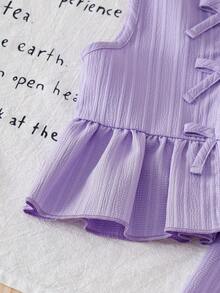 SHEIN Vintaside Kids 2pcs/Set Baby Girls' Summer Clothes Back To School Season 3M-3Y, Purple Fashionable Cute Round Neck Sleeveless Ruffle Blouse & Elastic Waist Pants, Soft Casual Outfit Suitable For Spring/Summer, Gift - Purple - View 6