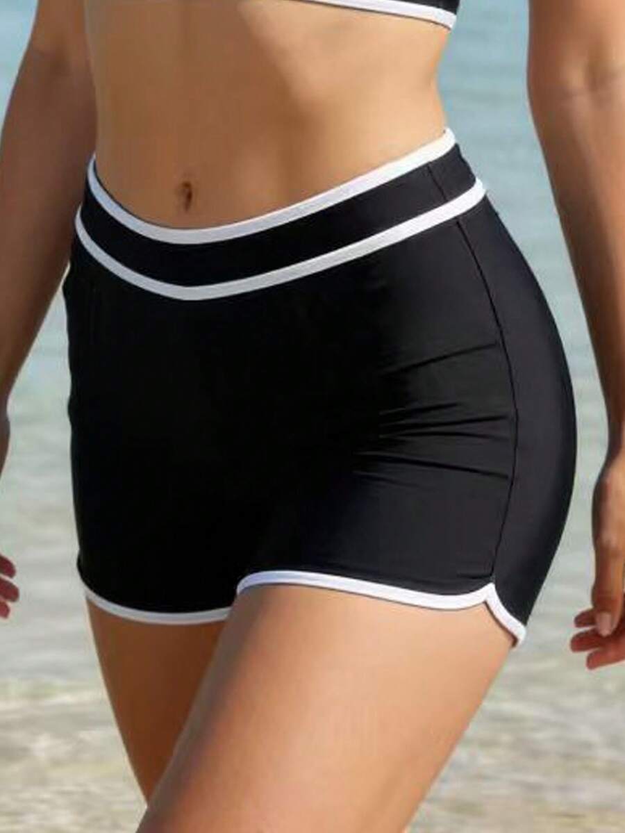 SHEIN Swim Women's High Waist Black & White Patchwork Sports Swim Shorts, Suitable For Beach, Travel, Party, Versatile, Spring/Summer - Black and White - View 1