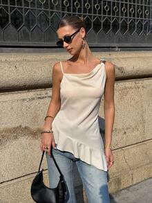 Siren Gaze 女士纯色垂褶领不对称荷叶边下摆金属扣装饰吊带背心，夏季穿着 - 杏色 - 查看 6