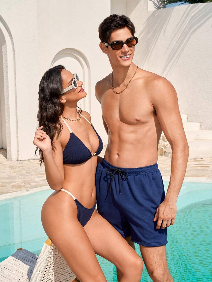 Manfinity VDAYZ Men's Drawstring Waist Casual Pocket Beach Shorts - Blue and White - View 1