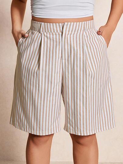 Elaquor Pantalones cortos de mujer talla grande a rayas con bolsillo y pliegues, versátiles para uso diario