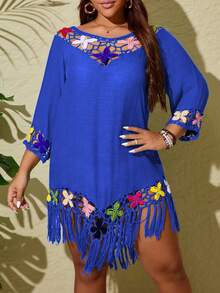 Swim Lushoire Plus Size Pullover Hooded Fringe Patchwork Loose Mid-Sleeve Cover Up - Blue - View 5
