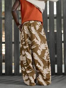 NEON BLANC 男士标准尺码全印花褶裥阔腿宽松时尚裤 - 棕色 - 查看 4