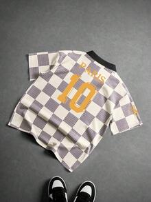 Manfinity Campus Court 复古学院风格子 Polo 衫，宽松版型，运动感十足，饰有 10 号徽章，男士复古衬衫，足球衫，夏季女装，春夏女装上衣，夏季女装衬衫，男士服装，图案 T 恤，女士衬衫，复古衬衫，格子衬衫 - 彩色 - 查看 2