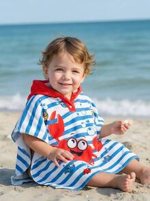 Infant/Toddler Boys' Blue Cartoon Shark Print Hooded Cover Up Towel, Swimwear Cover-Up, Bathrobe, Beach Wrap, Suitable For Swimming, Bath Toddler Beach Cover Up 24 Month Boy Hooded Cover Up Toddler Hooded Cover Up Baby Beach Poncho Crab Design Towel Striped Swim Coverup - Multicolor - View 4