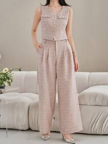 DAZY 女士优雅仿口袋吊带背心和阔腿裤两件套，春夏款 - 杏色 - 查看 5