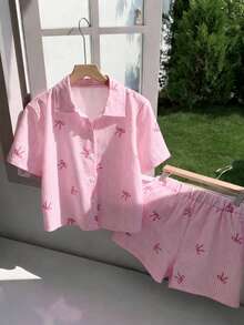 SHEIN 女童蝴蝶结条纹印花套装（2件套），包括T恤和短裤，适合通勤和日常穿着。 - 粉色 - 查看 2