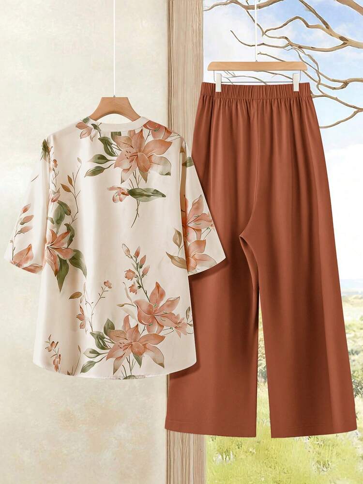 Plus Size Elegant Floral Print Button-Up Top And Pants 2 Pieces Set, Summer Vacation Outfits Women Holiday Outfits For Women Beach Vacation Outfits For Women Summer Dresses  Spring Break Outfits Blouse And Pants Set Summer Pants Sets For Women Women Vacation Outfit Sets  Country Style For Women, Summer Outfits