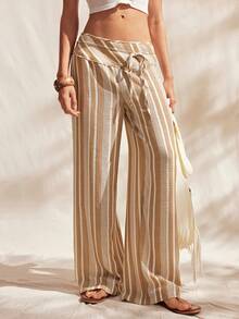 Easelle Striped Print Knotted Casual Loose Wide Leg Pants Bohemia Summer Spring  Beach Pants  Vacation Outfits Women Khaki Loose And Comfortable - Butter Yellow - View 7