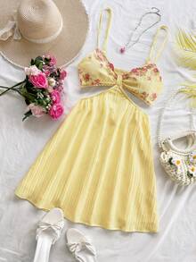 Soleia WYWH Women's Vacation White Hollow-Out V-Neck Spaghetti Strap Summer Dress - Light Yellow - View 7