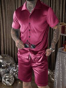 Manfinity AFTRDRK Men Velvet Shirt & Drawstring Waist Shorts Gold Shirt Menmen's Two Pieces Set - Red - View 5