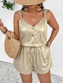 SHEIN Frenchy Plus Size Women Casual Gold Summer Elegant Holiday Vacation Holiday Metal Twist Strap Waist Jumpsuit Romper Short Spring/Summer Outfit - Gold - View 5
