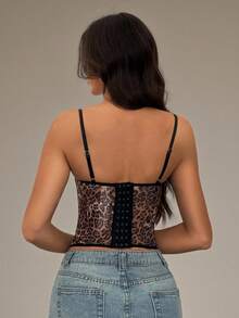 SHEIN Tall Women's Brown Leopard Print Mesh Lace Trim Sexy Camisole Top, Versatile For Outings, Date Nights, Theme Parties, Celebrations - Multicolor - View 2