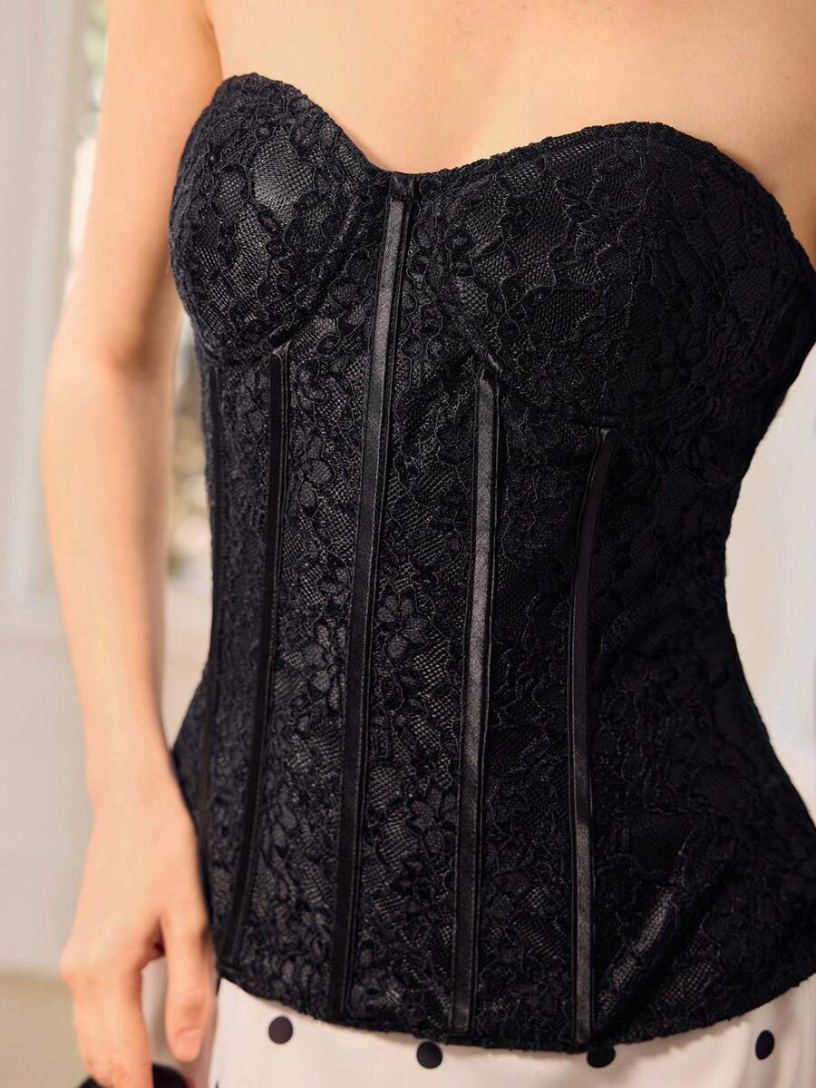 MOTF PREMIUM FASHIONABLE LACE BONED BANDEAU TOP FOR WOMEN - Black - View 2