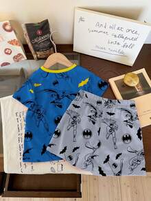 BATMAN X SHEIN 2 piezas Conjunto de camiseta gráfica clásica y pantalones cortos casuales para niño, adecuado para el verano - Multicolor - Ver 3