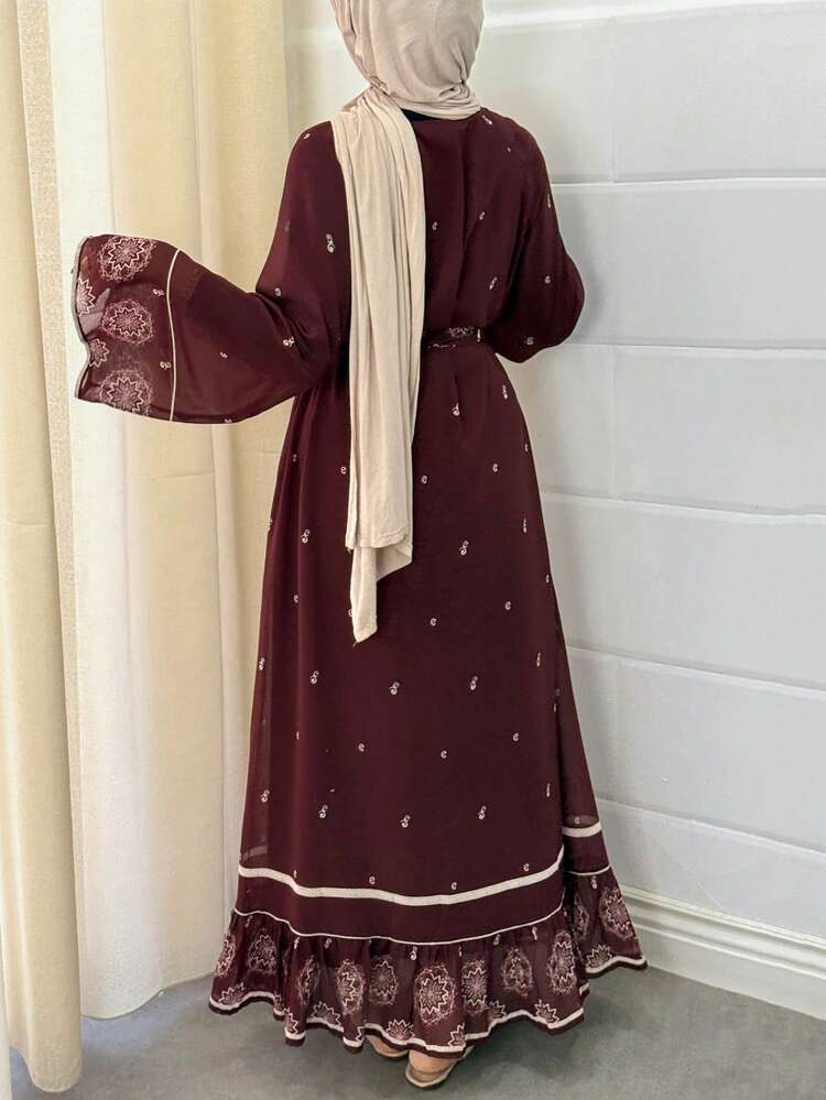 Print Loose Long Flare Sleeve Belted Elegant Dress For Women, Suitable For Spring/Summer Vacation Sundress
