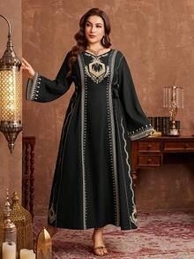 Al Najma 大码女式宽松印花长连衣裙，适合春秋季休闲穿着和聚会。 - 黑色 - 查看 1