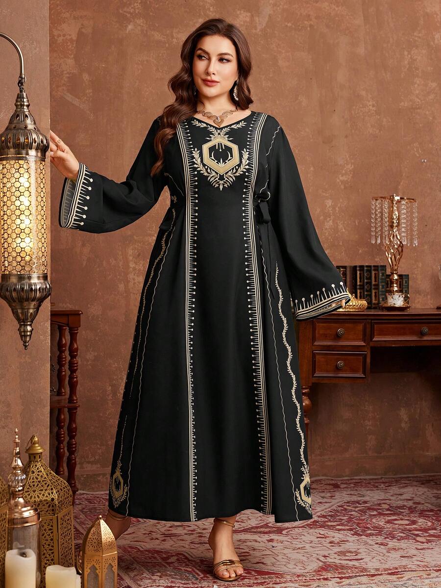 Al Najma 大码女式宽松印花长连衣裙，适合春秋季休闲穿着和聚会。 - 黑色 - 查看 1