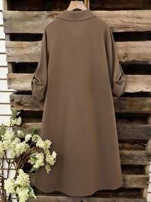 SHEIN Franclia Women's Mid-Length Linen Dress, Shirt Collar, 3/4 Sleeve, A-Line Silhouette, Fashionable Casual Wear, Suitable For Work And Leisure Collar Dress Women Brown Dress Women Khaki Dress Women Coffee Brown Dress - Apricot - View 2