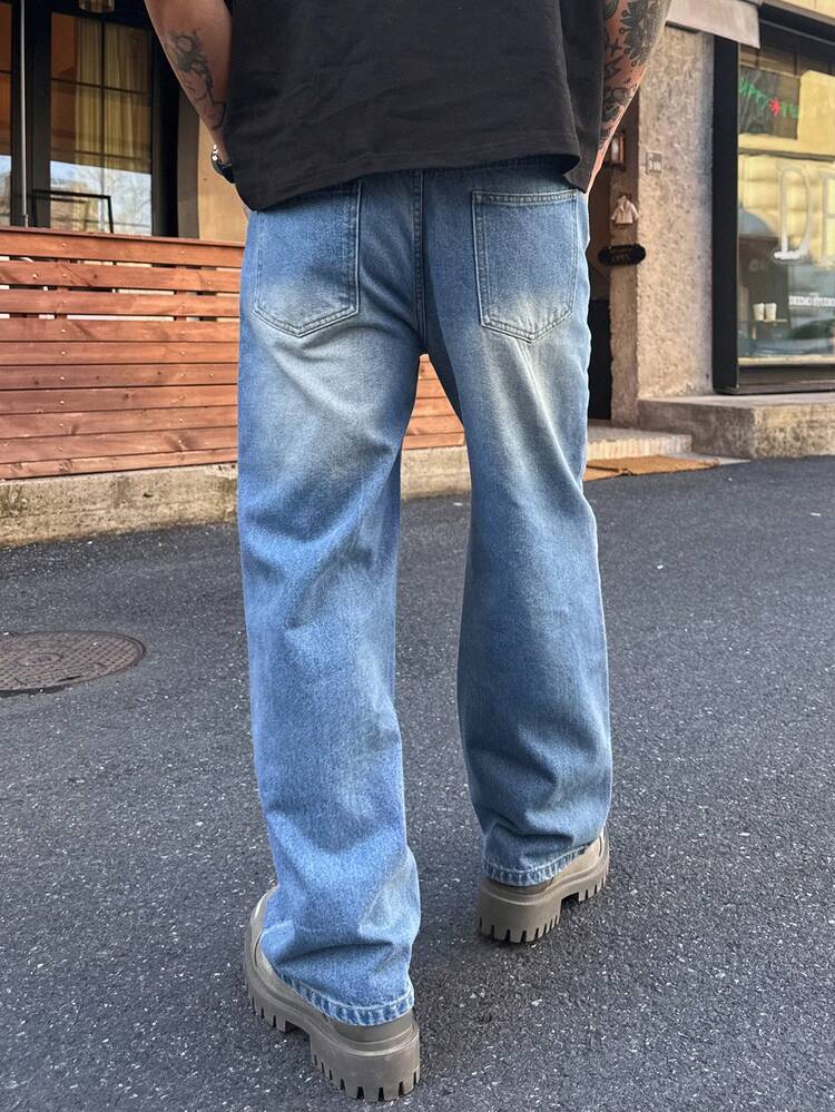 Men's Vintage Washed Blue Denim Jeans, Spring