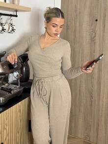 Bethéva 卡其色休闲罗纹长袖T恤和裤子套装 - 卡其色 - 查看 5